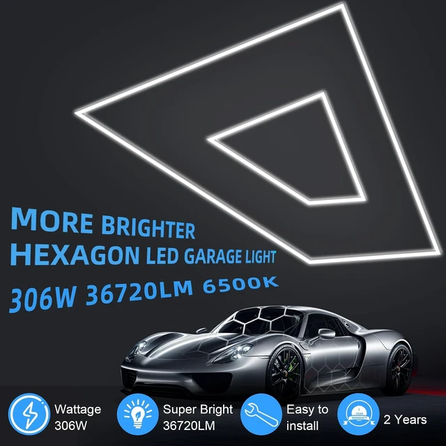 Alt view image 5 of 7 - MODERN Hexagon LED Garage Light: Higher Brightness 36720 Lumens Hexagon Garage Led Ceiling Light with 2 Rectangular Borders 6500K for Garage, Auto Beauty Shop, Car Detailing Shop etc.
