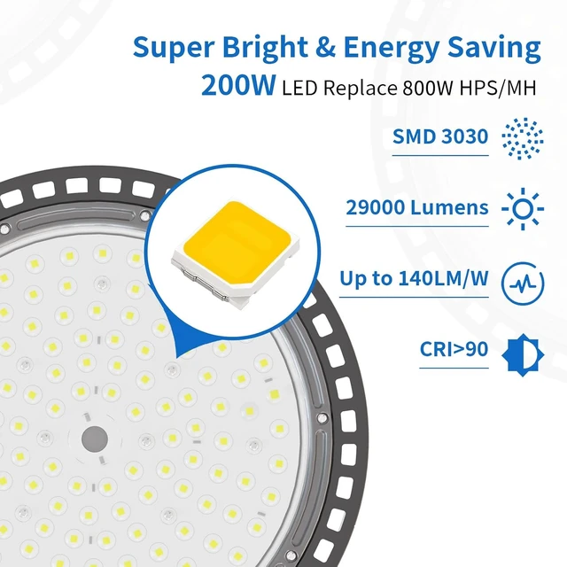 Alt view image 3 of 7 - 200W UFO High Bay LED Shop Lights, 6 Pack, 29000 LM, 5000K, AC110-277V