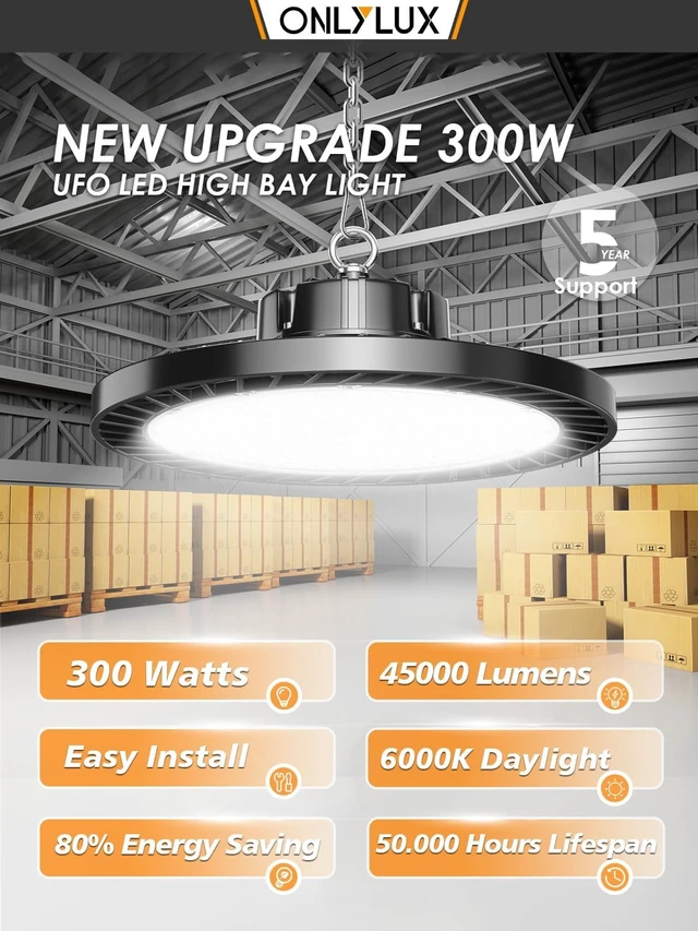 Alt view image 2 of 7 - ONLYLUX 300W Super Bright UFO LED High Bay Lights 8 Pack 6000K 45000lm