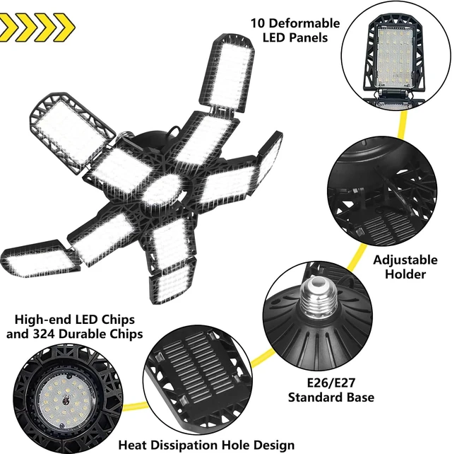 Alt view image 3 of 7 - 2Pack 300W LED Garage Light, 30,000LM High Output Ceiling Shop Light with 10+1 Adjustable Panels, 6500K Daylight E26/E27 Screw-in Industrial Lighting for Garage Workshop Basement Utility Room