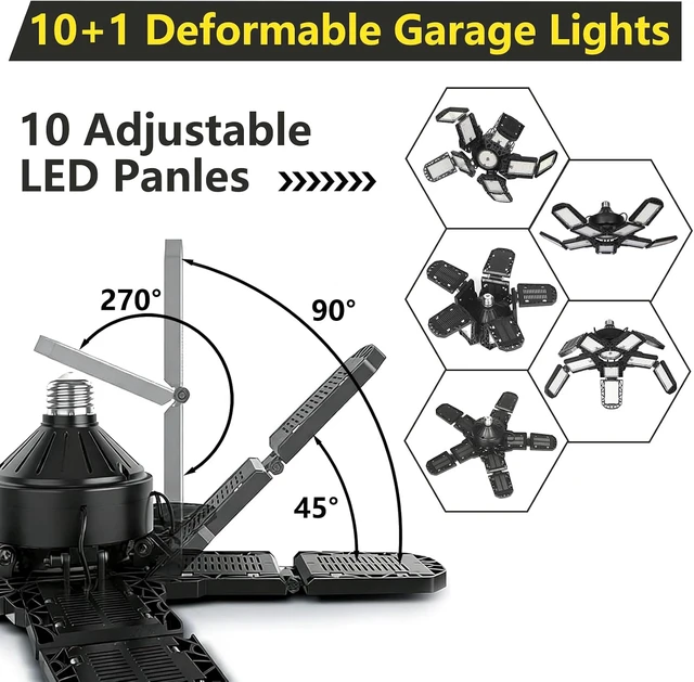 Alt view image 5 of 7 - 2Pack 300W LED Garage Light, 30,000LM High Output Ceiling Shop Light with 10+1 Adjustable Panels, 6500K Daylight E26/E27 Screw-in Industrial Lighting for Garage Workshop Basement Utility Room