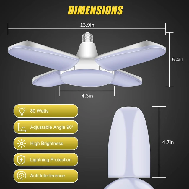 Alt view image 5 of 7 - LED Garage Lights 2 Pack, LED Shop Light 10000LM 6500K E26/E27 80WATT Ceiling Light with 4+1 Panels Adjustable for Workshop, Basement, Warehouse(M-4 Panels-4 Pack)