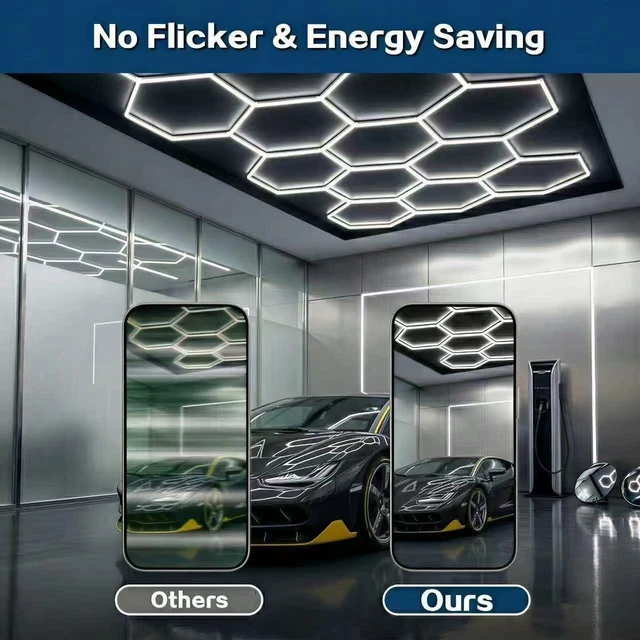 Alt view image 6 of 7 - Hexagon Honeycomb LED Garage Light, 26400LM 6500K Ultra Bright Ceiling Lamp FCC Certified for Garage, Car Detailing Station, Barbershop
