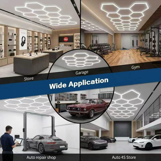 Alt view image 7 of 7 - Hexagon Honeycomb LED Garage Light, 26400LM 6500K Ultra Bright Ceiling Lamp FCC Certified for Garage, Car Detailing Station, Barbershop