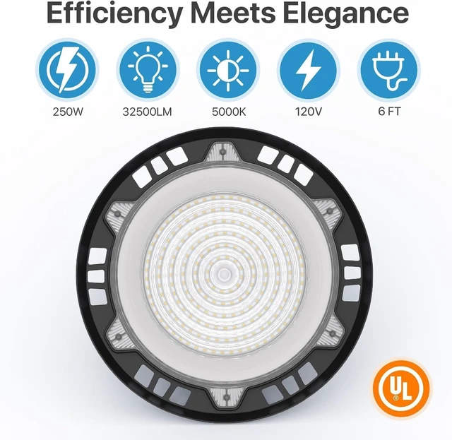 Alt view image 2 of 6 - HYPERLITE High Bay LED Lights: 2-Pack 250W UFO LED Light with Plug & Play Plug - 5000K IP65 Waterproof Shatterproof Lighting Fixture