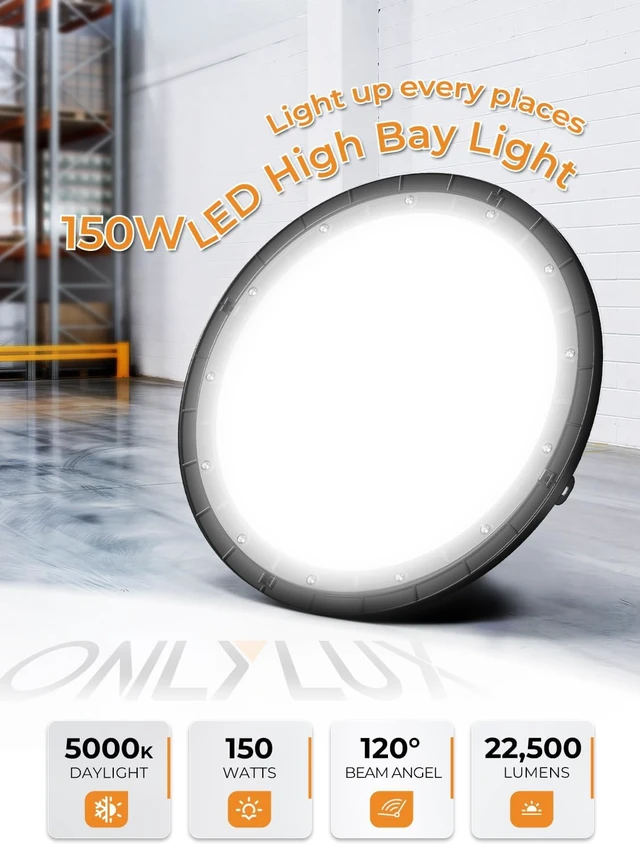 Alt view image 2 of 7 - ONLYLUX 150W UFO LED High Bay Light 22500LM 5000K High Bay Shop Lighting