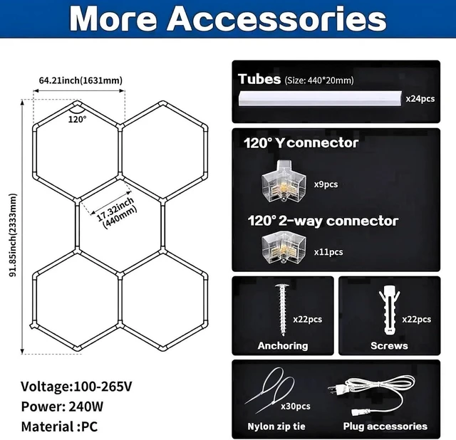 Alt view image 4 of 7 - Hexagon Honeycomb LED Garage Light, 26400LM 6500K Ultra Bright Ceiling Lamp FCC Certified for Garage, Car Detailing Station, Barbershop