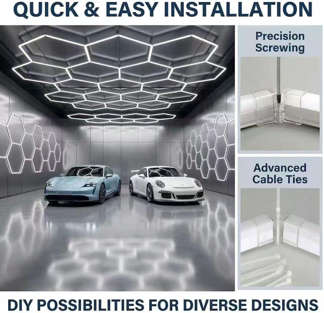 Alt view image 5 of 7 - Hexagon Honeycomb LED Garage Light, 26400LM 6500K Ultra Bright Ceiling Lamp FCC Certified for Garage, Car Detailing Station, Barbershop