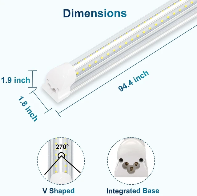 Alt view image 3 of 7 - SZSKYING 25 Pack 8FT LED Shop Lights, 72W 7200LM 6500K, Daylight White, T8 Integrated LED Fixture, V-Shape, High Output, Clear Cover, Linkable LED Garage Shop Ceiling Tube Lights.