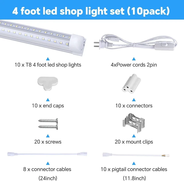 Alt view image 3 of 7 - LED Shop Light 4FT 10 Pack, 40W 5400LM 6000K Linkable Warehouse Light Fixtures, T8 V Shape High Output Clear Cover Plug and Play, 4 Foot LED Garage Light for Basement