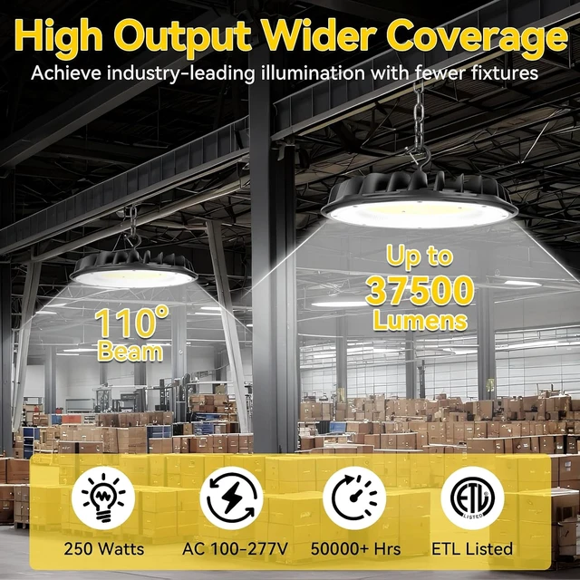 Alt view image 3 of 7 - hunhun 250W UFO LED High Bay Light 37,500lm 5000K Commercial Bay Lights 5' Cable with Plug AC110-277V Waterproof Shop Lights for Workshop Garage Factory Warehouse Barn ETL Listed