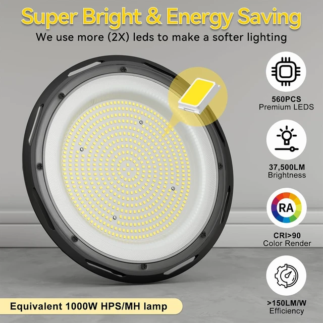 Alt view image 4 of 7 - hunhun 250W UFO LED High Bay Light 37,500lm 5000K Commercial Bay Lights 5' Cable with Plug AC110-277V Waterproof Shop Lights for Workshop Garage Factory Warehouse Barn ETL Listed