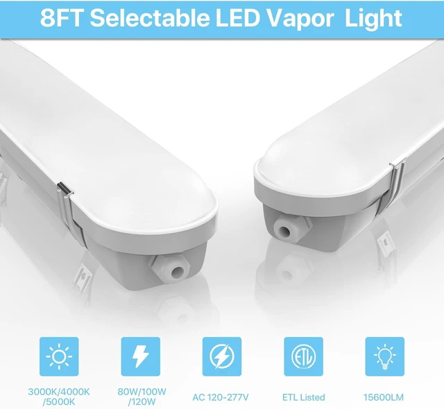 Alt view image 2 of 7 - HYPERLITE 8 Foot LED Vapor Proof Light, 15600lm IP66 Waterproof Vapor Tight Led Lights Fixture, 120w/100w/80w, 120-277V, Dimmable Outdoor Shop Light for Carports, Gas Station, Garage ETL Listed