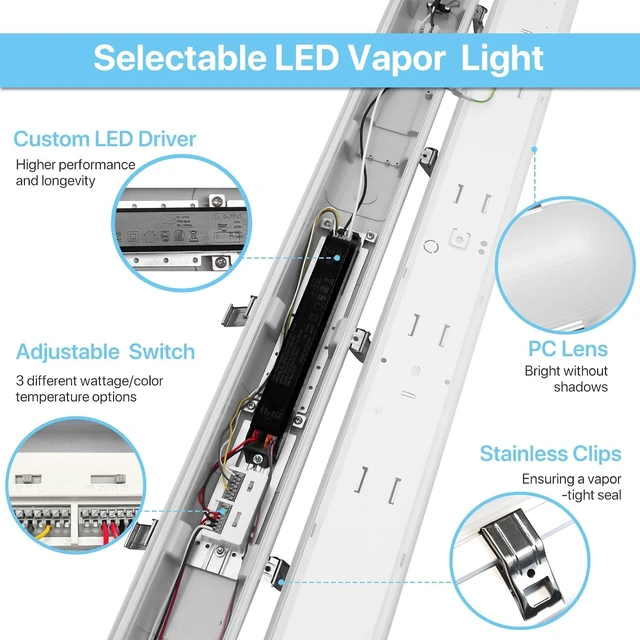 Alt view image 6 of 7 - HYPERLITE 8 Foot LED Vapor Proof Light, 15600lm IP66 Waterproof Vapor Tight Led Lights Fixture, 120w/100w/80w, 120-277V, Dimmable Outdoor Shop Light for Carports, Gas Station, Garage ETL Listed