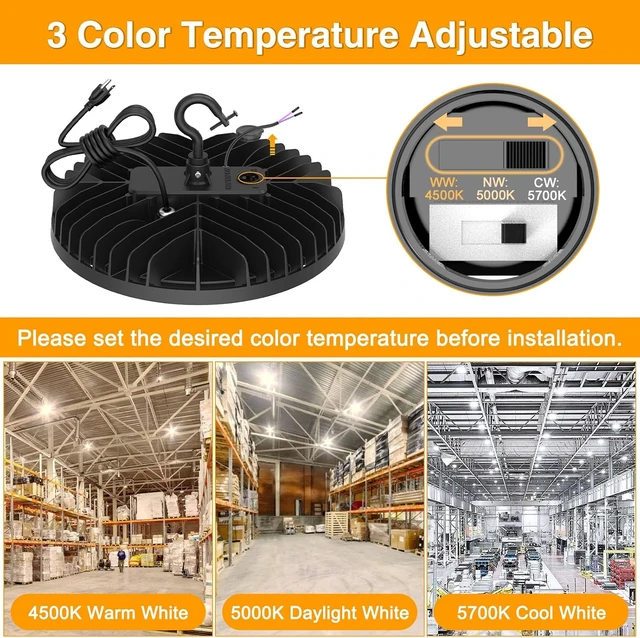 Alt view image 2 of 7 - UFO LED High Bay Light 150W 120W 90W Adjustable High Bay LED Shop Lights 4500K 5000K 5700K Tunable 0-10V Dimmable for Warehouse Garage ETL Listed AC100-277V (2 Pack)
