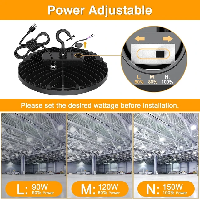 Alt view image 3 of 7 - UFO LED High Bay Light 150W 120W 90W Adjustable High Bay LED Shop Lights 4500K 5000K 5700K Tunable 0-10V Dimmable for Warehouse Garage ETL Listed AC100-277V (2 Pack)