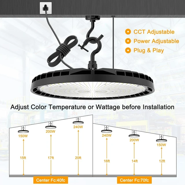 Alt view image 5 of 7 - UFO LED High Bay Light 150W 120W 90W Adjustable High Bay LED Shop Lights 4500K 5000K 5700K Tunable 0-10V Dimmable for Warehouse Garage ETL Listed AC100-277V (2 Pack)