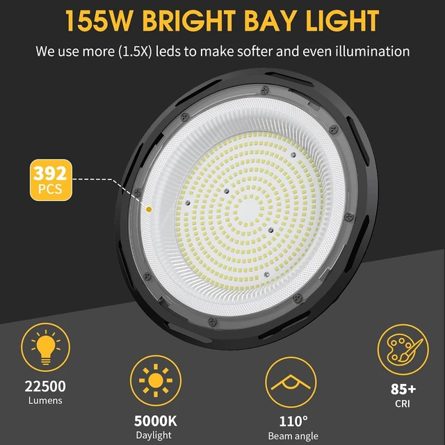 Alt view image 3 of 7 - 6 Pack 155W UFO LED High Bay Light with Reflector 22,500lm 5000K LED High Bay Lights AC110-277V 5' Cable with Plug Waterproof UFO Lights for Garage Shop Gym Warehouse ETL Listed