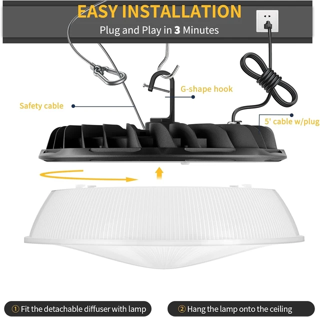 Alt view image 7 of 7 - 6 Pack 155W UFO LED High Bay Light with Reflector 22,500lm 5000K LED High Bay Lights AC110-277V 5' Cable with Plug Waterproof UFO Lights for Garage Shop Gym Warehouse ETL Listed