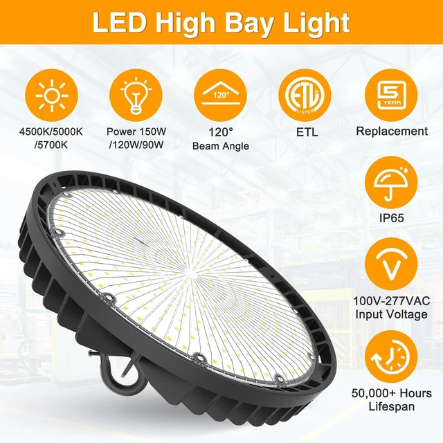Alt view image 4 of 7 - UFO LED High Bay Light 150W 120W 90W Adjustable High Bay LED Shop Lights 4500K 5000K 5700K Tunable 0-10V Dimmable for Warehouse Garage ETL Listed AC100-277V (2 Pack)