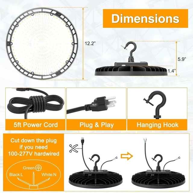 Alt view image 5 of 7 - UFO LED High Bay Light 150W 120W 90W Adjustable High Bay LED Shop Lights 4500K 5000K 5700K Tunable 0-10V Dimmable for Warehouse Garage ETL Listed AC100-277V