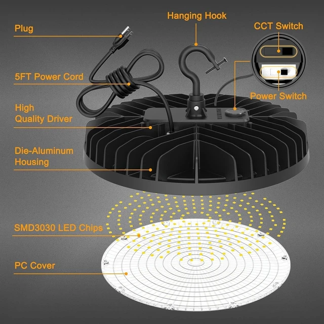 Alt view image 6 of 7 - UFO LED High Bay Light 150W 120W 90W Adjustable High Bay LED Shop Lights 4500K 5000K 5700K Tunable 0-10V Dimmable for Warehouse Garage ETL Listed AC100-277V