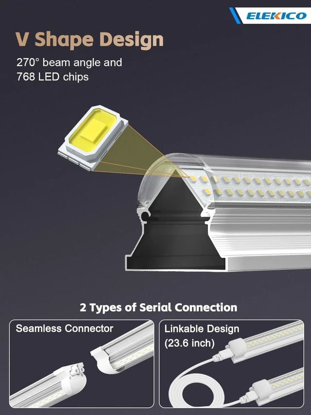 Alt view image 2 of 6 - ELEKICO 12 Pack Super Bright 100w 8ft Led Shop Light, 15000lm 5000k V Shape 8' Led Shop Lights 8ft, Linkable 96" 8 Foot Shop Lights for Garage Workshop Shop Warehouse Lighting