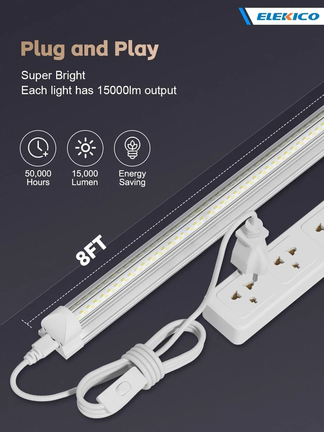 Alt view image 3 of 6 - ELEKICO 12 Pack Super Bright 100w 8ft Led Shop Light, 15000lm 5000k V Shape 8' Led Shop Lights 8ft, Linkable 96" 8 Foot Shop Lights for Garage Workshop Shop Warehouse Lighting