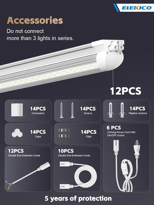 Alt view image 5 of 6 - ELEKICO 12 Pack Super Bright 100w 8ft Led Shop Light, 15000lm 5000k V Shape 8' Led Shop Lights 8ft, Linkable 96" 8 Foot Shop Lights for Garage Workshop Shop Warehouse Lighting