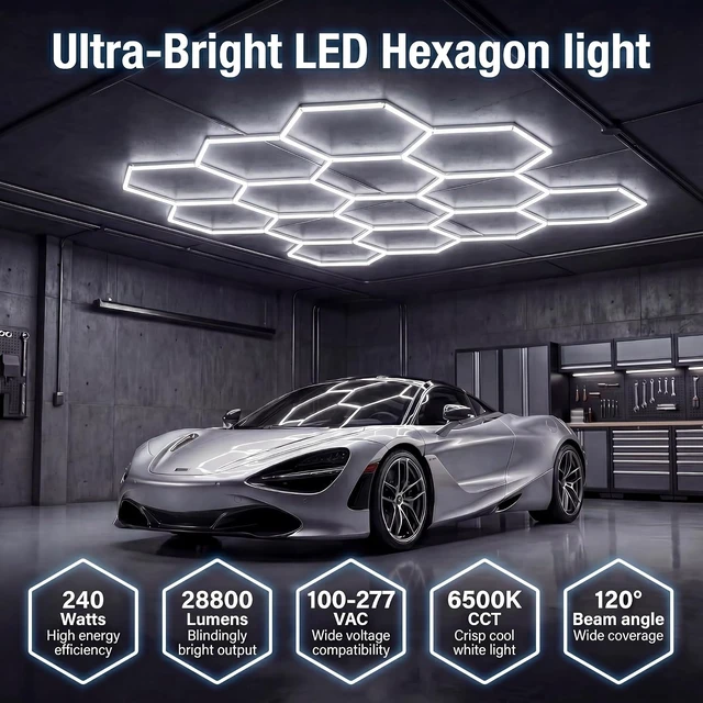 Alt view image 2 of 7 - Hexagon Garage Lights 240W 28800LM - 24 Pack Super Bright LED Honeycomb Ceiling Lights for Garage, Workshop, Gym, Car Detailing, Barber & Auto Shops