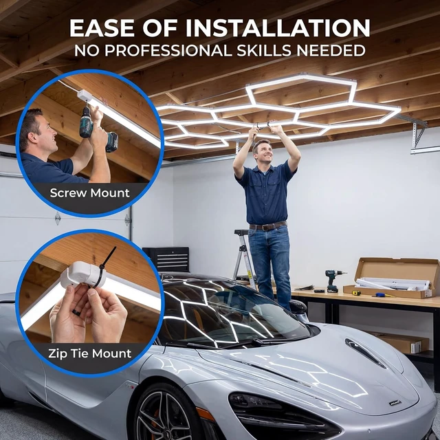 Alt view image 5 of 7 - Hexagon Garage Lights 240W 28800LM - 24 Pack Super Bright LED Honeycomb Ceiling Lights for Garage, Workshop, Gym, Car Detailing, Barber & Auto Shops
