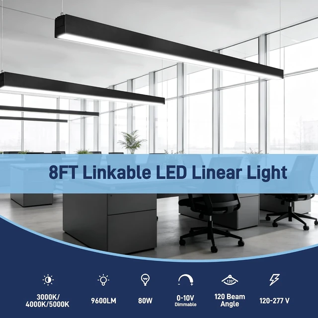 Alt view image 4 of 7 - hykolity 8FT Linkable LED Linear Light, 80W 9600LM 3CCT 3000K/4000K/5000K