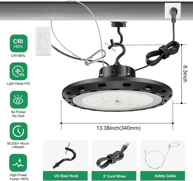 Alt view image 3 of 7 - UFO LED High Bay Light 240W 5000K 0-10V Dimmable 36000LM High Bay LED Shop Lights with US Plug IP65 ETL Listed 1000W HID/HPS Replacement UFO Lights for Shop Warehouse Garage Gym