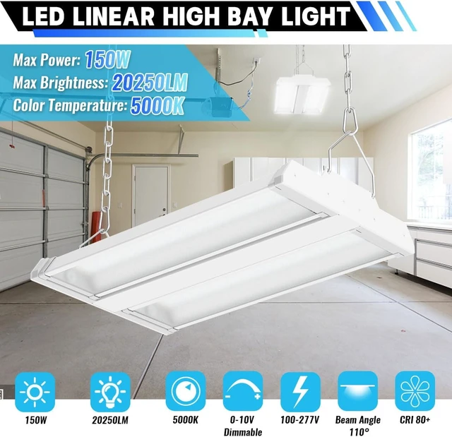 Alt view image 2 of 7 - Allsmartlife LED Linear High Bay Light 2-Pack, 150W 20250LM 0-10V Dimmable 5000K Daylight, Adjustable Tilt Hanging LED High Bay Shop Lighting Fixtures for Garage Warehouse Workshop, ETL