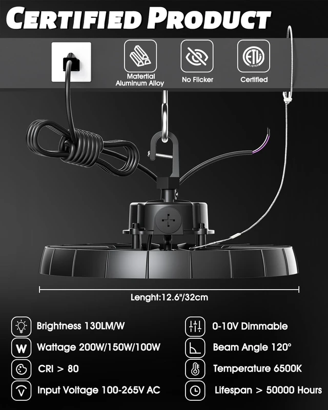 Alt view image 2 of 7 - UFO LED High Bay Light, 100W Adjustable Wattage, Max 26000LM 6500K, 6 Pack