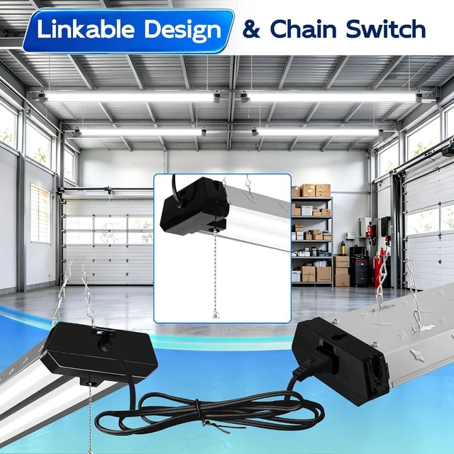 Alt view image 4 of 7 - hykolity 4 Pack 4FT LED Shop Light, Linkable Utility Shop Lights, 42W, 5000K Daylight Shop Light for Garages, Workshops,hanging or FlushMount, Power Cord W/ Built-in ON/Off Switch, ETL, Black