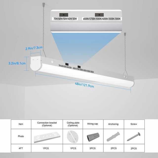 Alt view image 5 of 7 - 4FT LED Shop Light, ETL Listed 5 Power(30W-70W)& 6CCT(3000K-6500K) All in 1, 4 Foot Linear Lights Fixture, Up to 10500 LM Super Bright & Energy Save, LED Shop Lights for Workshop 4FT, DLC(2PCS)