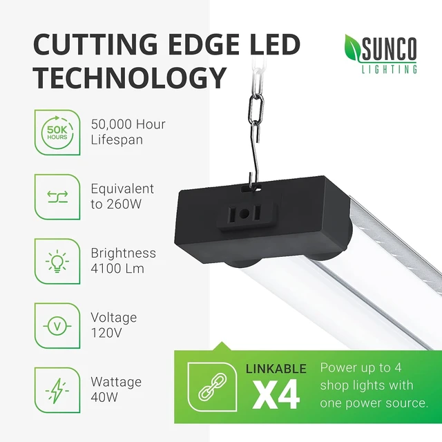 Alt view image 2 of 7 - Sunco 16 Pack LED Shop Lights 4FT, 40W=260W, Industrial Bright, Linkable