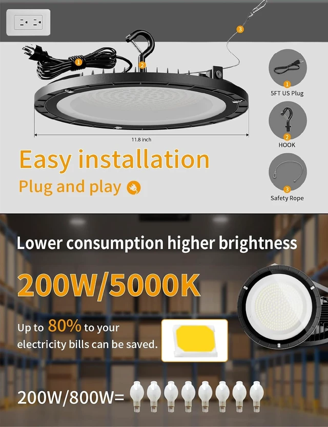 Alt view image 7 of 7 - THELUX High Bay Led Shop Lights 200W Super Bright 30000LM 5000K 2PACK