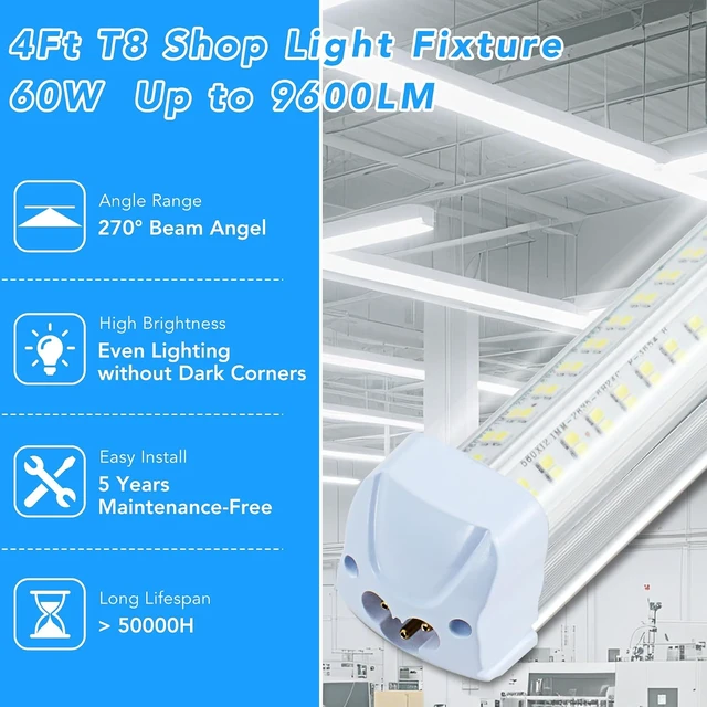 Alt view image 2 of 7 - 4PCS 4FT LED Shop Lights 60W 9600LM 6500K T8 V-Shape Plug and Play Linkable