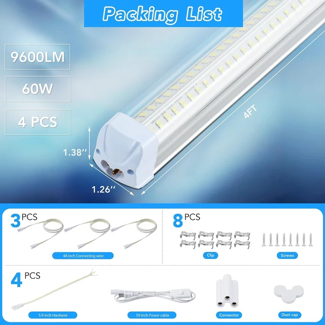 Alt view image 5 of 7 - 4PCS 4FT LED Shop Lights 60W 9600LM 6500K T8 V-Shape Plug and Play Linkable