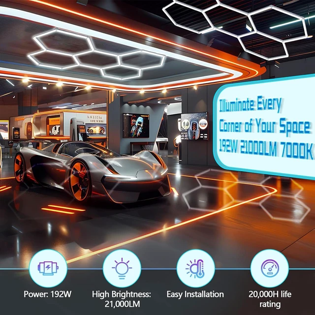 Alt view image 2 of 7 - Hexagon Garage Lights, 5-Grid LED Hexagon Lights, 192W 21000LM 7000K
