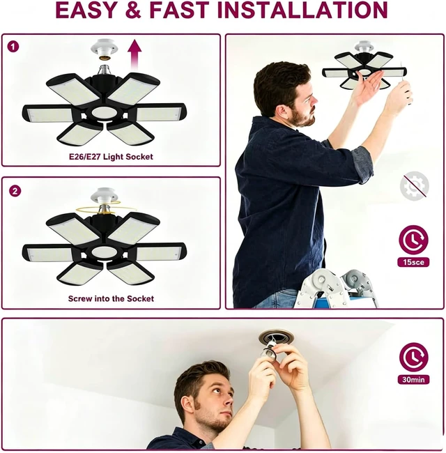 Alt view image 3 of 7 - LED Garage Lights Bulb 200W 15000LM 6500K Led Shop Light with 6 Plus 1 Deformable Panels Basement Barn Ceiling Lights for E26/E27 (6)
