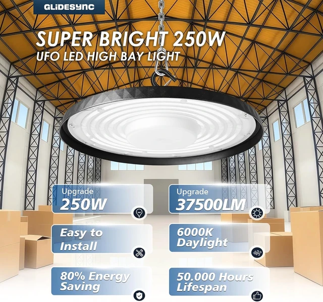 Alt view image 2 of 6 - UFO LED High Bay Lights 250W,37,500LM Super Bright 5000K IP65 Waterproof High Bay Led Lights & UFO Lights with US Plug for Garage/Warehouse/Gym/Workshop