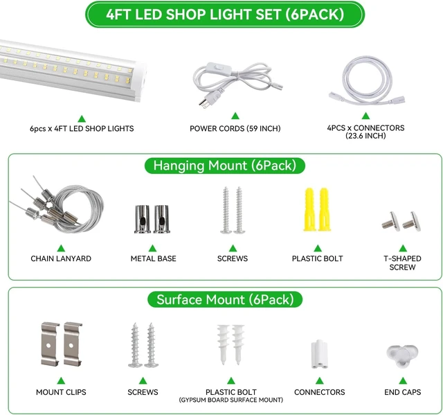 Alt view image 6 of 7 - Skymoatled T12 4FT LED Shop Lights Garage Lights,65W 6500K 10400LM White Light,Super Bright,Hanging/Surface Mount,Plug and Play,Linkable Commercial Bay Lighting for Warehouse Workshop Basement,6Pack