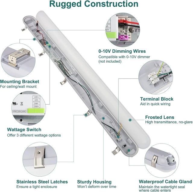 Alt view image 4 of 7 - kadision 4FT LED Vapor Tight Light Fixture, 60W/50W/40W Adjustable, 4 Pack