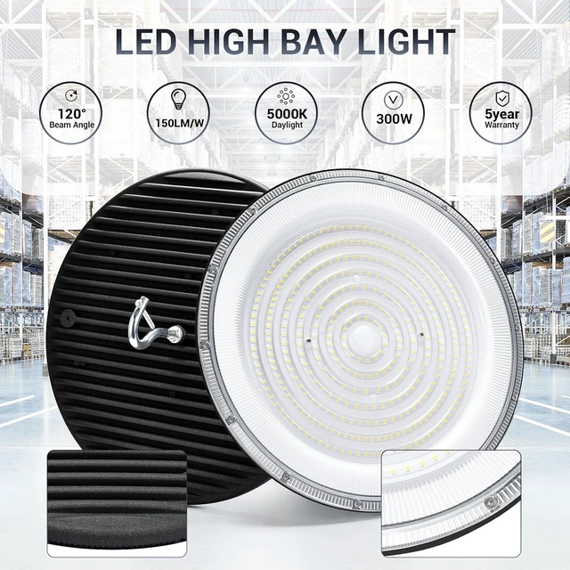 Alt view image 5 of 6 - XYCN 300W UFO Led High Bay Light,120VAC,5000K Daylight Commercial Bay Lighting,IP66 Waterproof,45050LM,1300W MH/HPS with Plug Area Light for Warehouse/Shop/Workshop/Barn/Gym/Factory
