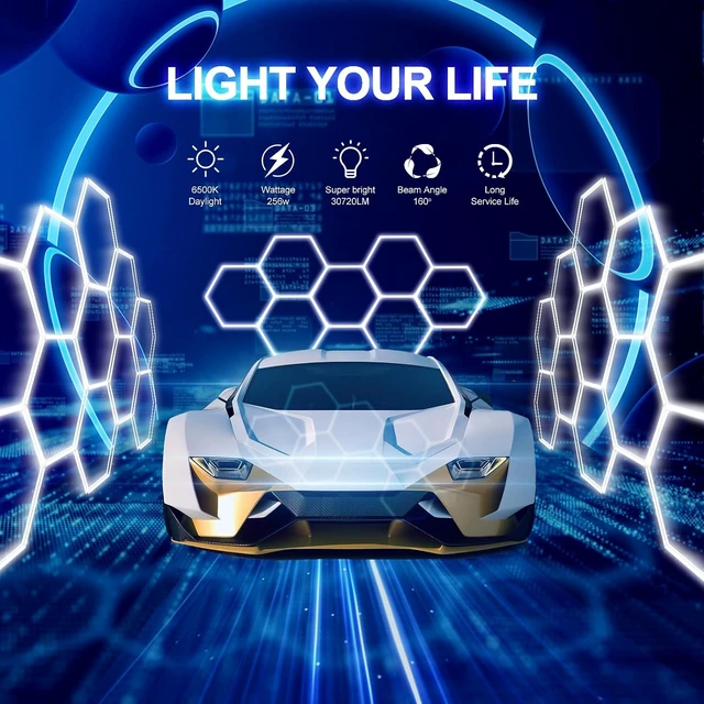Alt view image 2 of 6 - Hexagon LED Garage Light: 33 Pack Updated Bigger Size, 30720LM 256W 6500K Super Bright Car Detailing Ceiling LED Shop Light for Warehouse Workshop Gym Basement Car Care Wash Room