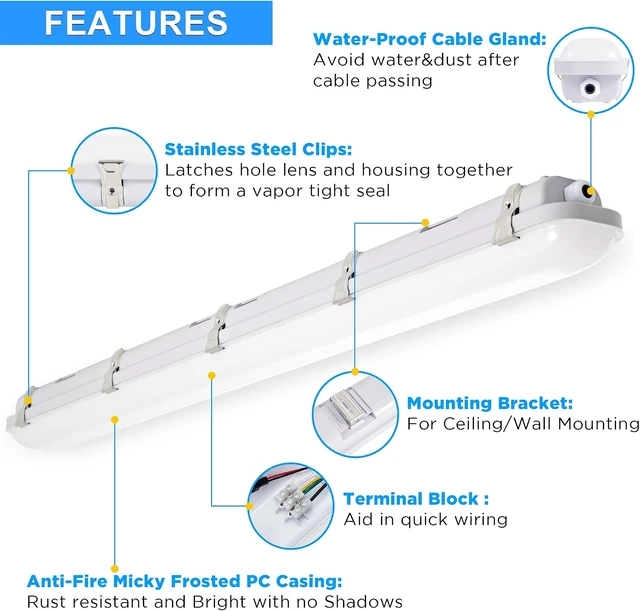 Alt view image 4 of 7 - 4FT LED Vapor Tight Light, 60W 7800lms(120W Eq.) Vapor Proof Light Fixture, 5000K Waterproof Shop Light for Car Wash, Carport, Walk in Freezer, Parking Garage, ETL List 4-Pack
