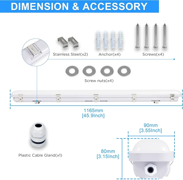 Alt view image 5 of 7 - 4FT LED Vapor Tight Light, 60W 7800lms(120W Eq.) Vapor Proof Light Fixture, 5000K Waterproof Shop Light for Car Wash, Carport, Walk in Freezer, Parking Garage, ETL List 4-Pack